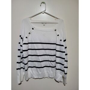 NWT Cato Striped Square Neck Sweater Womens XL White Navy Heart Button Trim